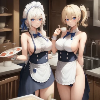 Medium hair, Wavy hair, Indoor, Nipples, Side boob, Masterpiece, Naked apron